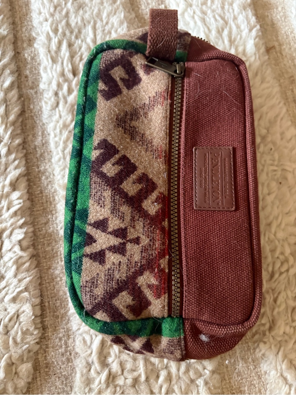 Waxed Canvas and Patterned Wool travel  Pouch - Brown/Green